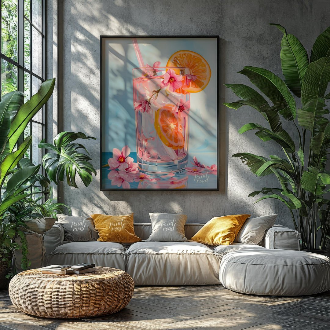 This refreshing painting captures a vibrant citrus spritzer, adorned with pink blossoms. The artist… for living room