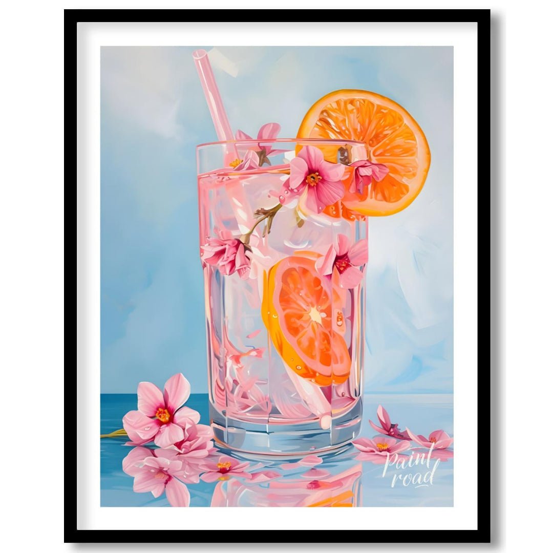 This refreshing painting captures a vibrant citrus spritzer, adorned with pink blossoms. The artist… for space