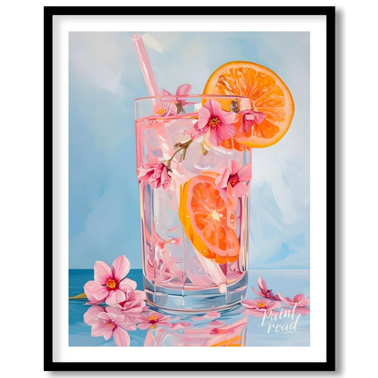 This refreshing painting captures a vibrant citrus spritzer, adorned with pink blossoms. The artist… for space