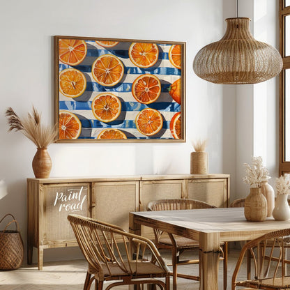 This beautiful painting captures the vibrant energy of fresh oranges in a bold, graphic style. Slic… for dining room
