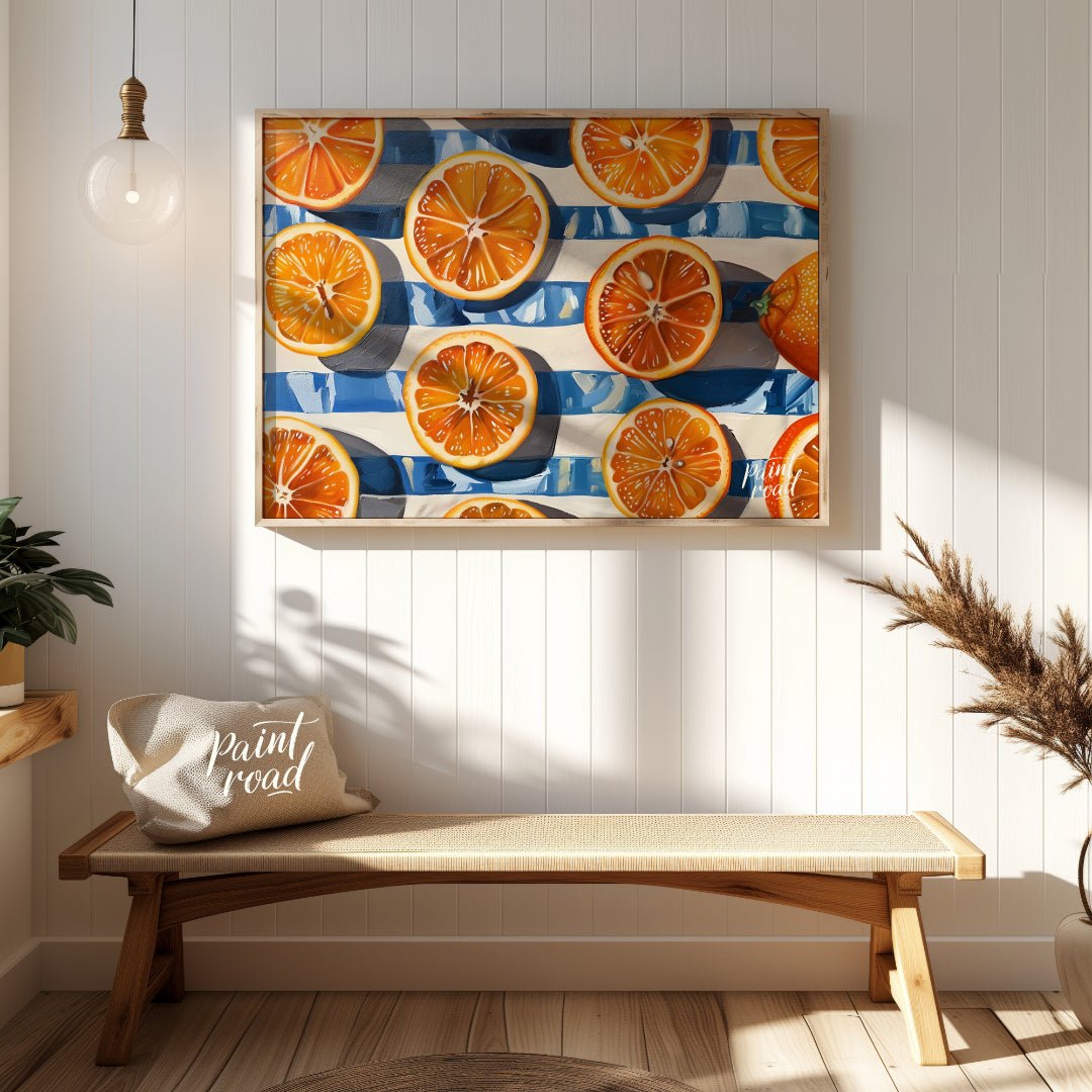 This beautiful painting captures the vibrant energy of fresh oranges in a bold, graphic style. Slic… for entryway