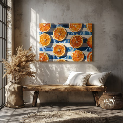 This beautiful painting captures the vibrant energy of fresh oranges in a bold, graphic style. Slic… for entryway