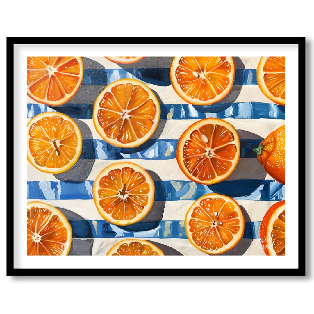 This beautiful painting captures the vibrant energy of fresh oranges in a bold, graphic style. Slic… for house