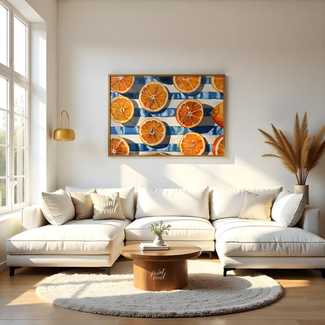 This beautiful painting captures the vibrant energy of fresh oranges in a bold, graphic style. Slic… for living room