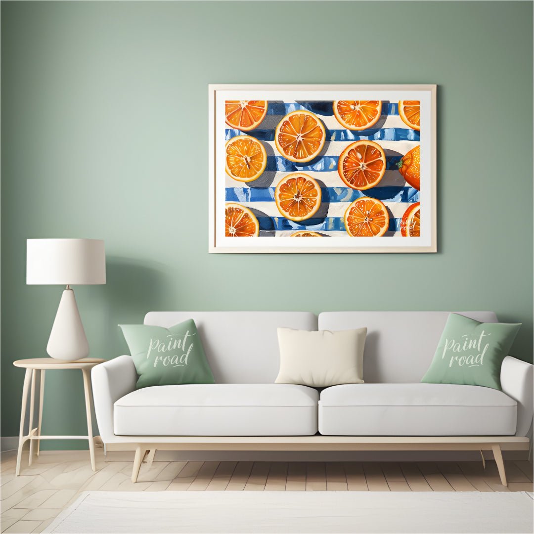 This beautiful painting captures the vibrant energy of fresh oranges in a bold, graphic style. Slic… for living room