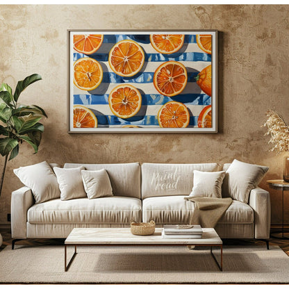 This beautiful painting captures the vibrant energy of fresh oranges in a bold, graphic style. Slic… for living room