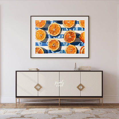 This beautiful painting captures the vibrant energy of fresh oranges in a bold, graphic style. Slic… for living room