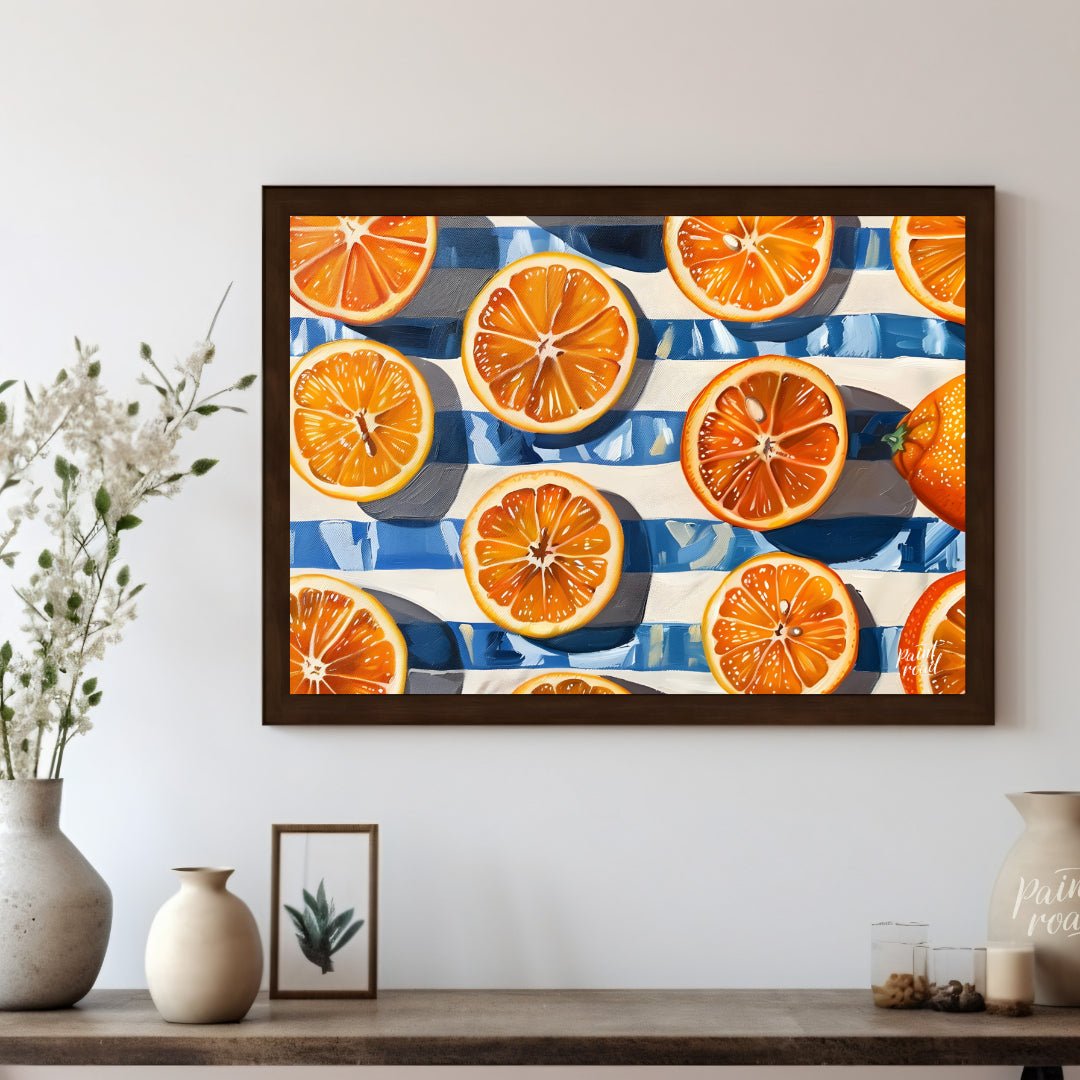 This beautiful painting captures the vibrant energy of fresh oranges in a bold, graphic style. Slic… for living room
