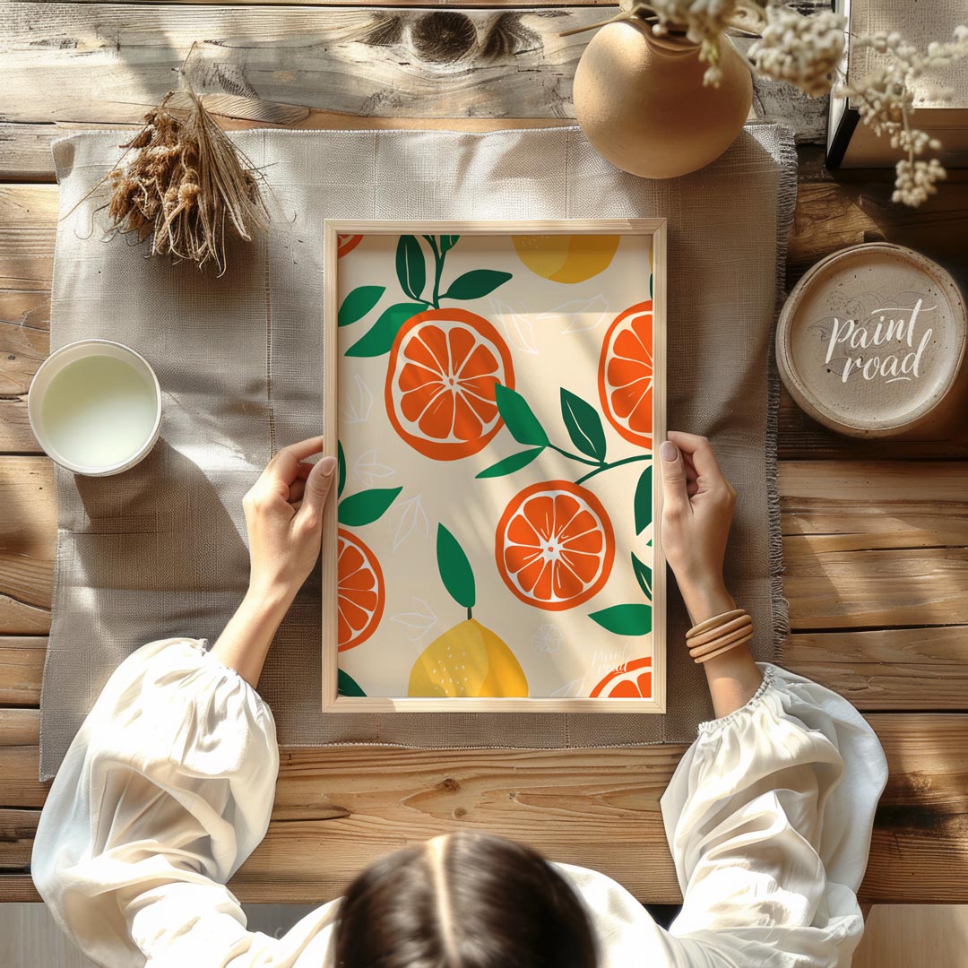 This vibrant and refreshing poster showcases a dynamic, repeating pattern of citrus fruits and leav… for dining room