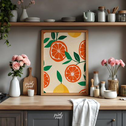 This vibrant and refreshing poster showcases a dynamic, repeating pattern of citrus fruits and leav… for kitchen