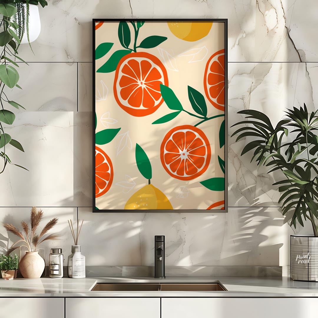 This vibrant and refreshing poster showcases a dynamic, repeating pattern of citrus fruits and leav… for kitchen