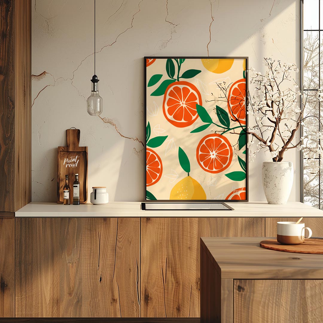 This vibrant and refreshing poster showcases a dynamic, repeating pattern of citrus fruits and leav… for kitchen