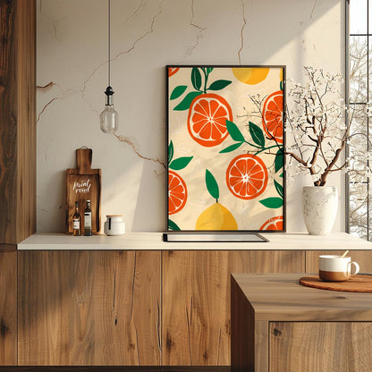 This vibrant and refreshing poster showcases a dynamic, repeating pattern of citrus fruits and leav… for kitchen