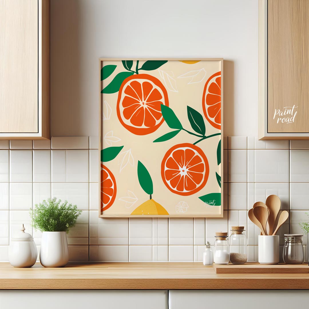 This vibrant and refreshing poster showcases a dynamic, repeating pattern of citrus fruits and leav… for kitchen