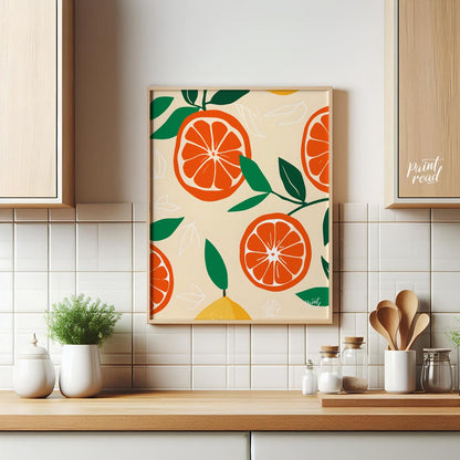 This vibrant and refreshing poster showcases a dynamic, repeating pattern of citrus fruits and leav… for kitchen