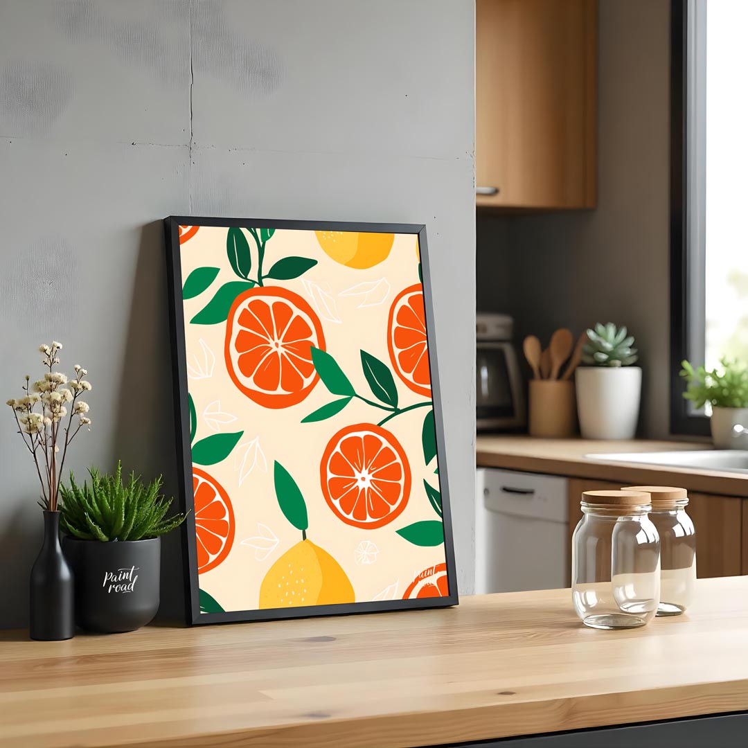 This vibrant and refreshing poster showcases a dynamic, repeating pattern of citrus fruits and leav… for kitchen