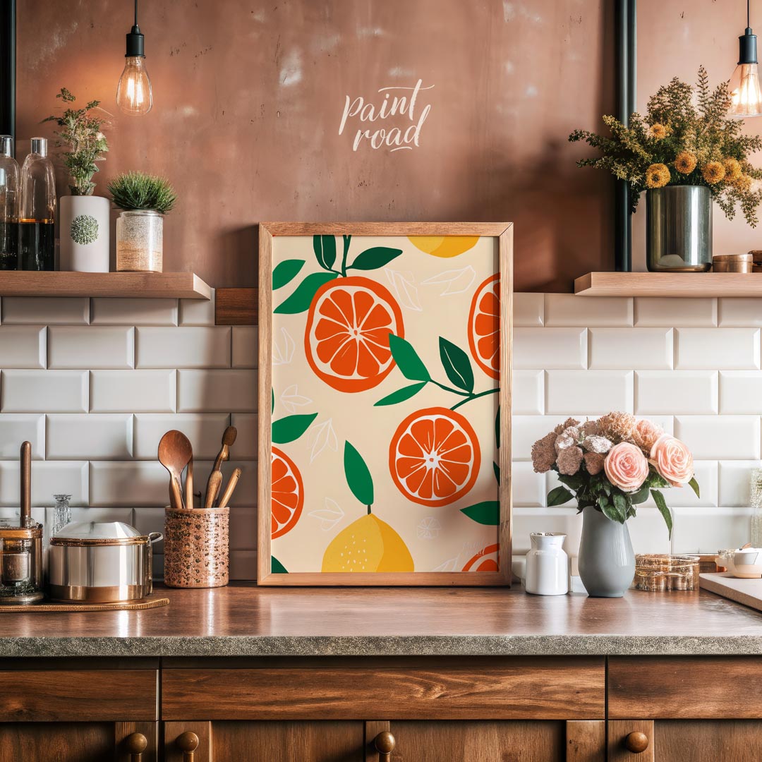 This vibrant and refreshing poster showcases a dynamic, repeating pattern of citrus fruits and leav… for kitchen