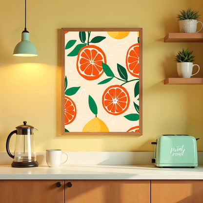 This vibrant and refreshing poster showcases a dynamic, repeating pattern of citrus fruits and leav… for kitchen