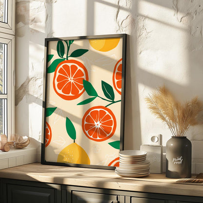 This vibrant and refreshing poster showcases a dynamic, repeating pattern of citrus fruits and leav… for kitchen