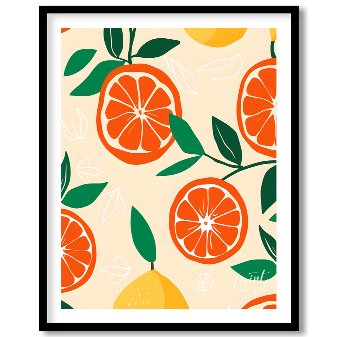 This vibrant and refreshing poster showcases a dynamic, repeating pattern of citrus fruits and leav… for room