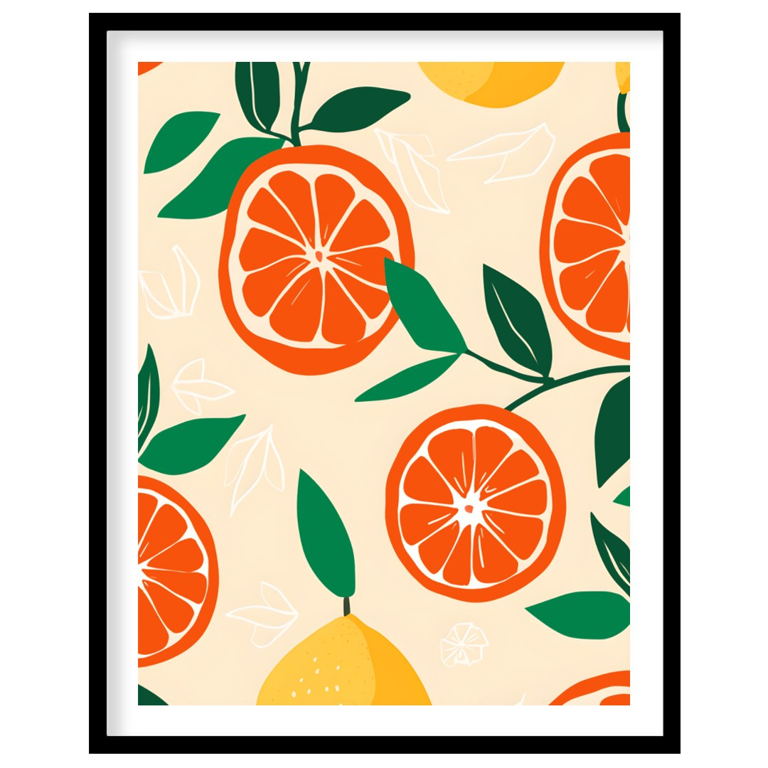 This vibrant and refreshing poster showcases a dynamic, repeating pattern of citrus fruits and leav… for room