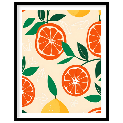 This vibrant and refreshing poster showcases a dynamic, repeating pattern of citrus fruits and leav… for room