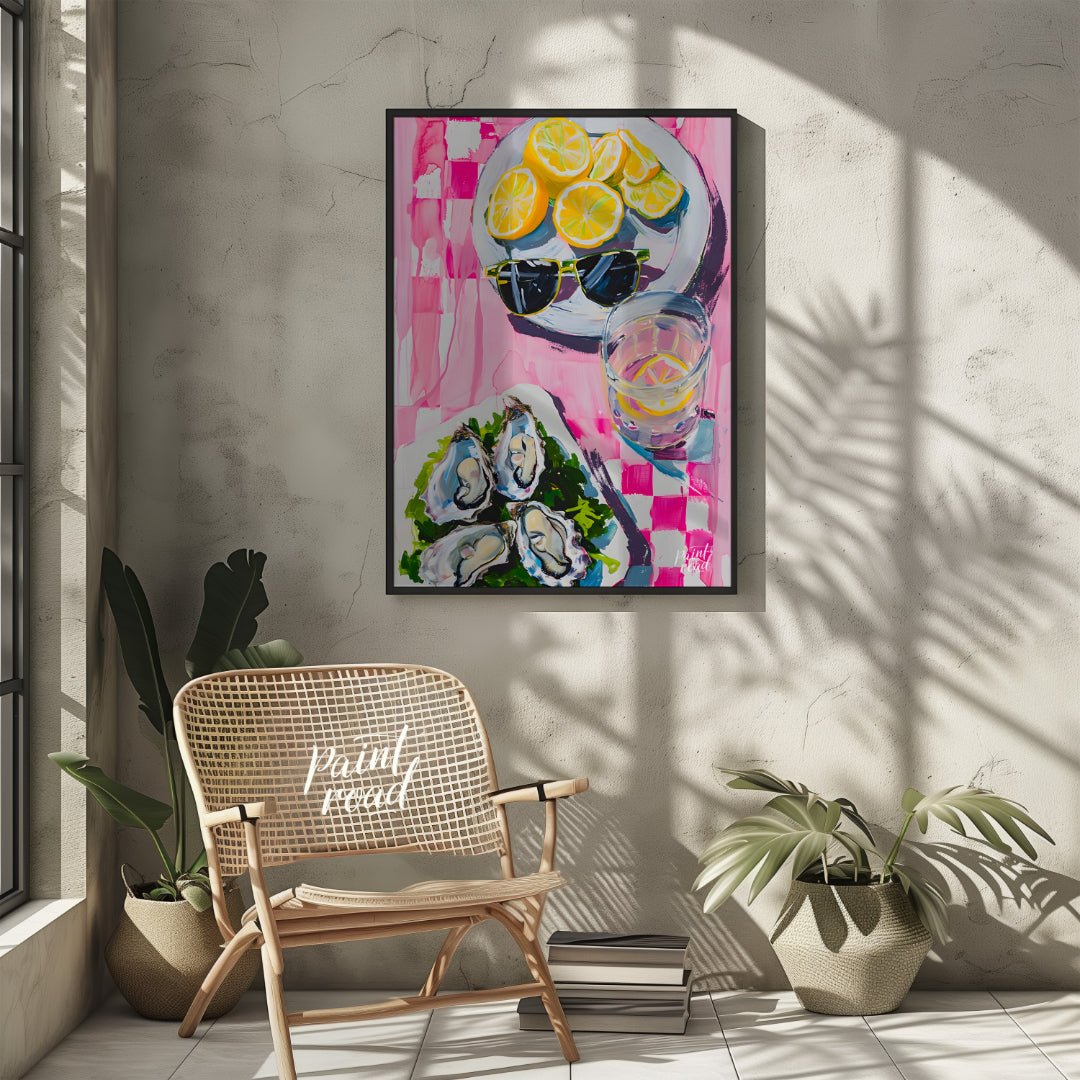 This beautiful painting captures a vibrant still life with a refreshing summer vibe. Slices of lemo… for living room
