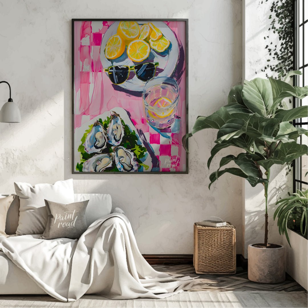 This beautiful painting captures a vibrant still life with a refreshing summer vibe. Slices of lemo… for living room