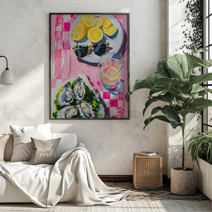This beautiful painting captures a vibrant still life with a refreshing summer vibe. Slices of lemo… for living room