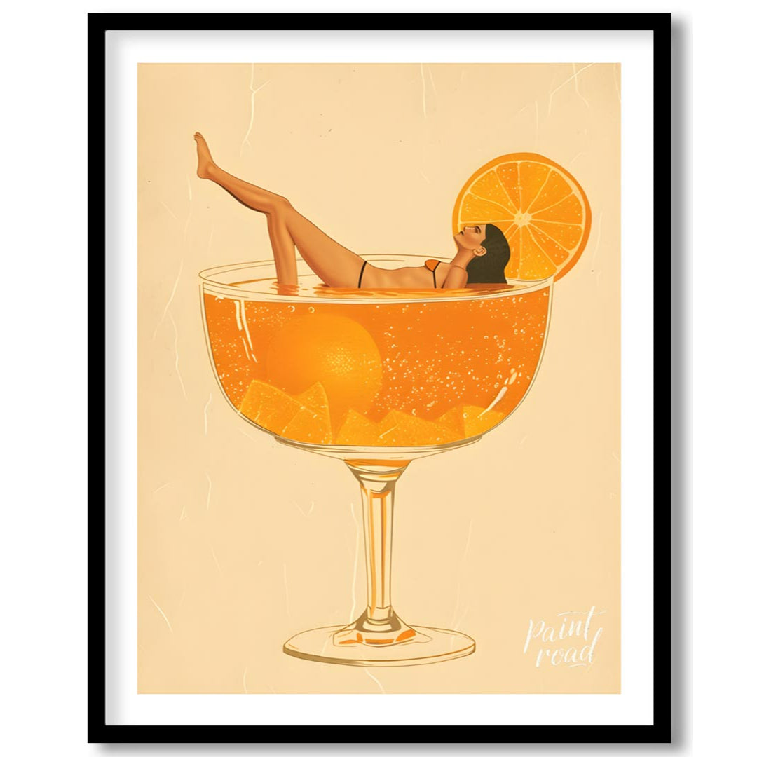 A whimsical and playful illustration depicting a woman luxuriously lounging in a giant cocktail gla… for area