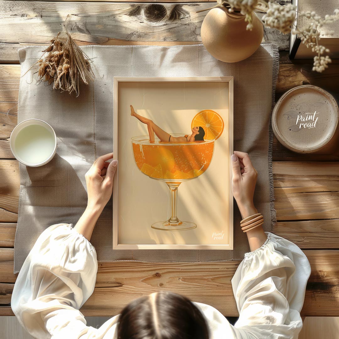 A whimsical and playful illustration depicting a woman luxuriously lounging in a giant cocktail gla… for dining room