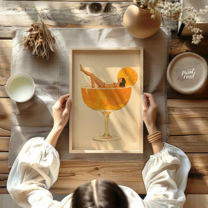 A whimsical and playful illustration depicting a woman luxuriously lounging in a giant cocktail gla… for dining room