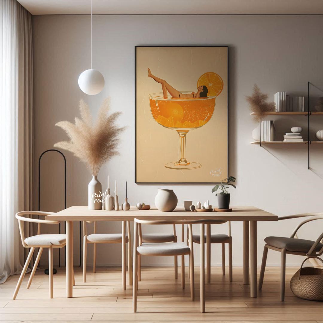 A whimsical and playful illustration depicting a woman luxuriously lounging in a giant cocktail gla… for dining room