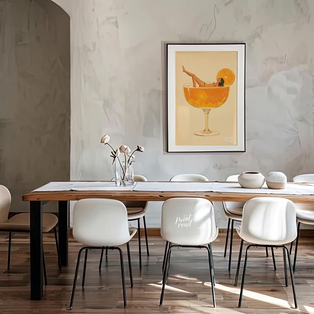 A whimsical and playful illustration depicting a woman luxuriously lounging in a giant cocktail gla… for dining room