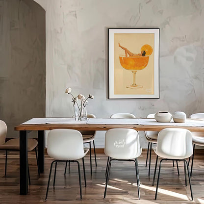 A whimsical and playful illustration depicting a woman luxuriously lounging in a giant cocktail gla… for dining room