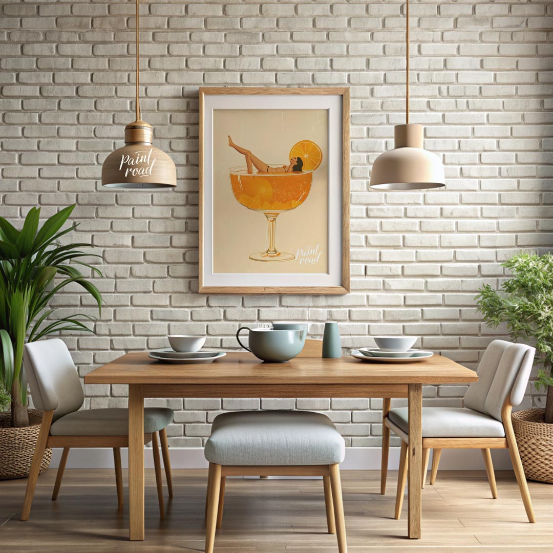 A whimsical and playful illustration depicting a woman luxuriously lounging in a giant cocktail gla… for dining room