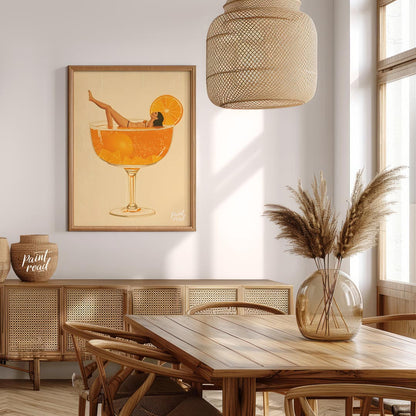A whimsical and playful illustration depicting a woman luxuriously lounging in a giant cocktail gla… for dining room