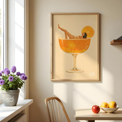 A whimsical and playful illustration depicting a woman luxuriously lounging in a giant cocktail gla… for kitchen