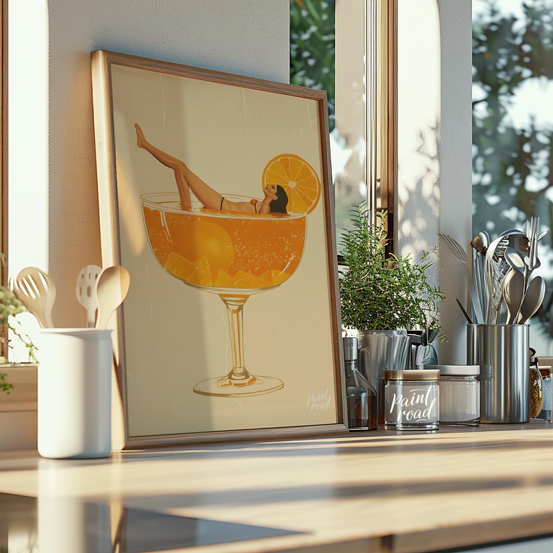 A whimsical and playful illustration depicting a woman luxuriously lounging in a giant cocktail gla… for kitchen
