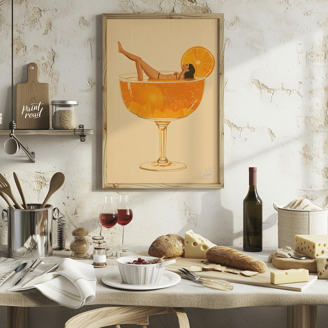 A whimsical and playful illustration depicting a woman luxuriously lounging in a giant cocktail gla… for kitchen