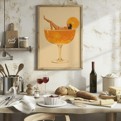 A whimsical and playful illustration depicting a woman luxuriously lounging in a giant cocktail gla… for kitchen