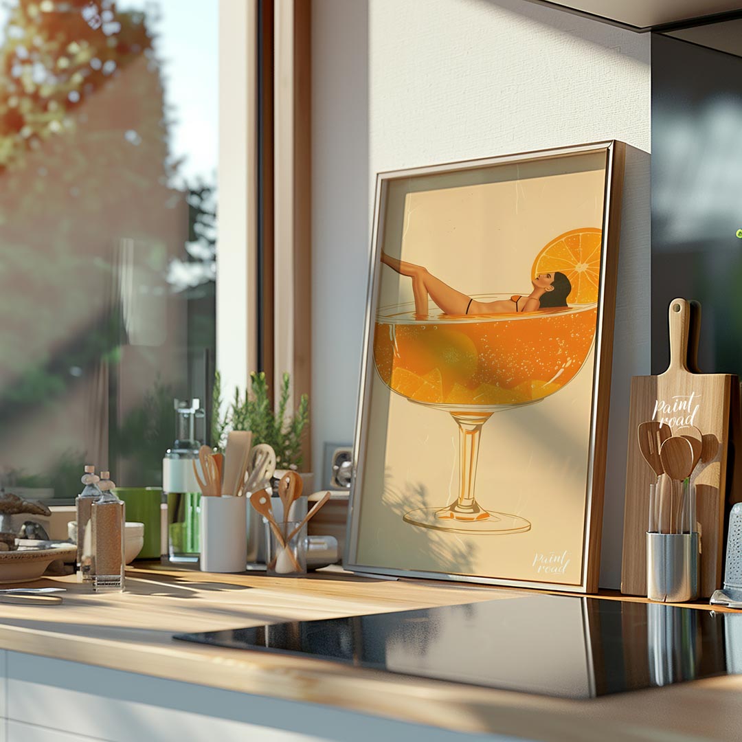 A whimsical and playful illustration depicting a woman luxuriously lounging in a giant cocktail gla… for kitchen