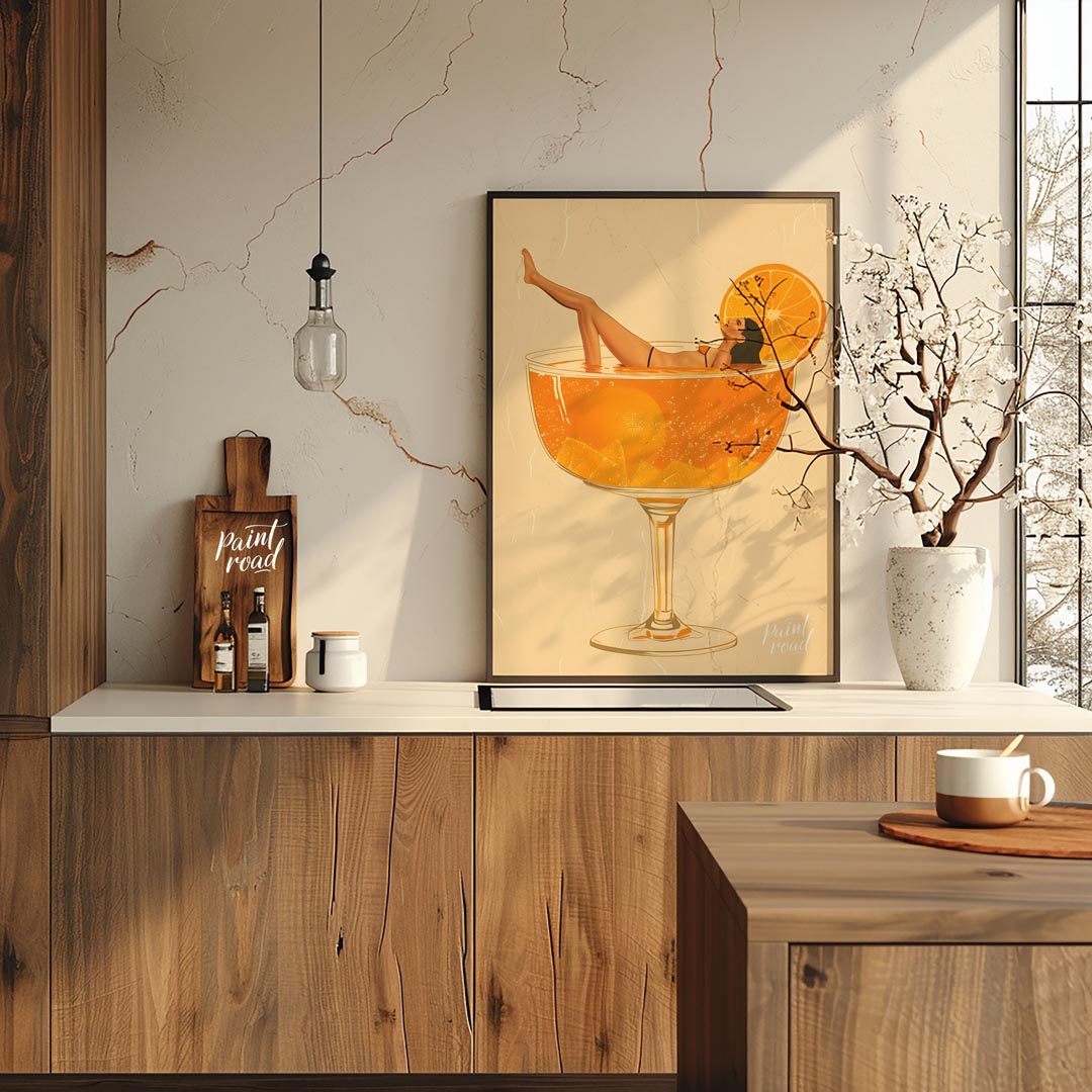 A whimsical and playful illustration depicting a woman luxuriously lounging in a giant cocktail gla… for kitchen