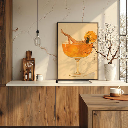 A whimsical and playful illustration depicting a woman luxuriously lounging in a giant cocktail gla… for kitchen