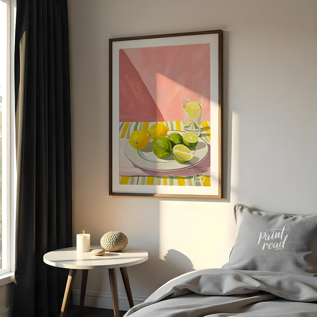 This still life painting captures a refreshing arrangement of citrus fruits against a backdrop of s… for bedroom