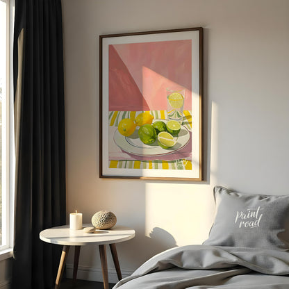 This still life painting captures a refreshing arrangement of citrus fruits against a backdrop of s… for bedroom