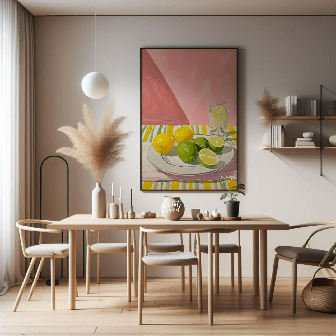This still life painting captures a refreshing arrangement of citrus fruits against a backdrop of s… for dining room