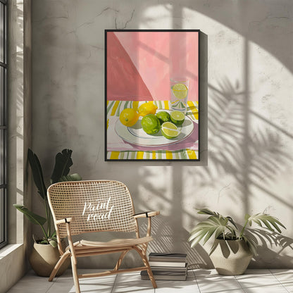 This still life painting captures a refreshing arrangement of citrus fruits against a backdrop of s… for living room