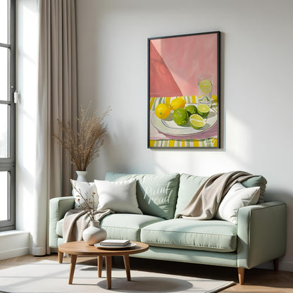 This still life painting captures a refreshing arrangement of citrus fruits against a backdrop of s… for living room