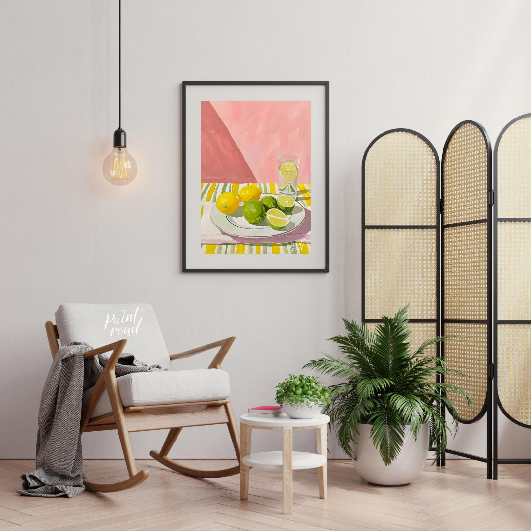This still life painting captures a refreshing arrangement of citrus fruits against a backdrop of s… for living room